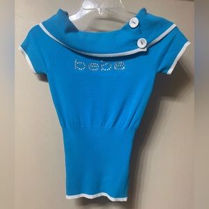 Bebe Logo Swarovski Crystal Wide Neck Sweater Blue Medium NWT